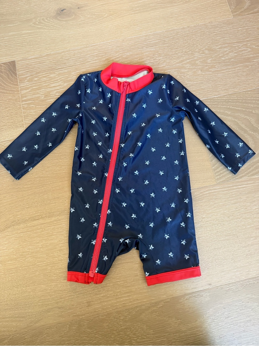 Carter's Navy Star Long-Sleeve Swimsuit with Red Trim, 6-9 mo